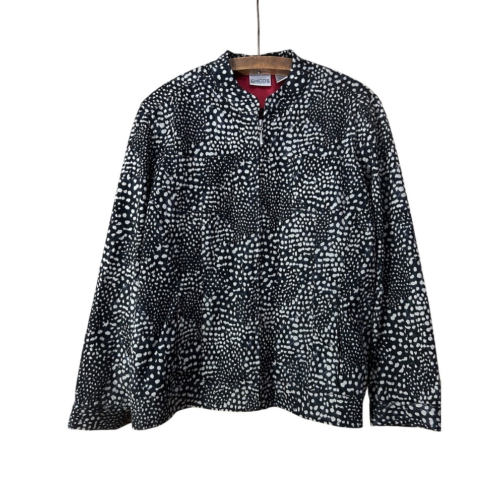 Chicos‎ Jacket Womens L Black Zip Bomber Animal Print Cotton Sateen Minimalist